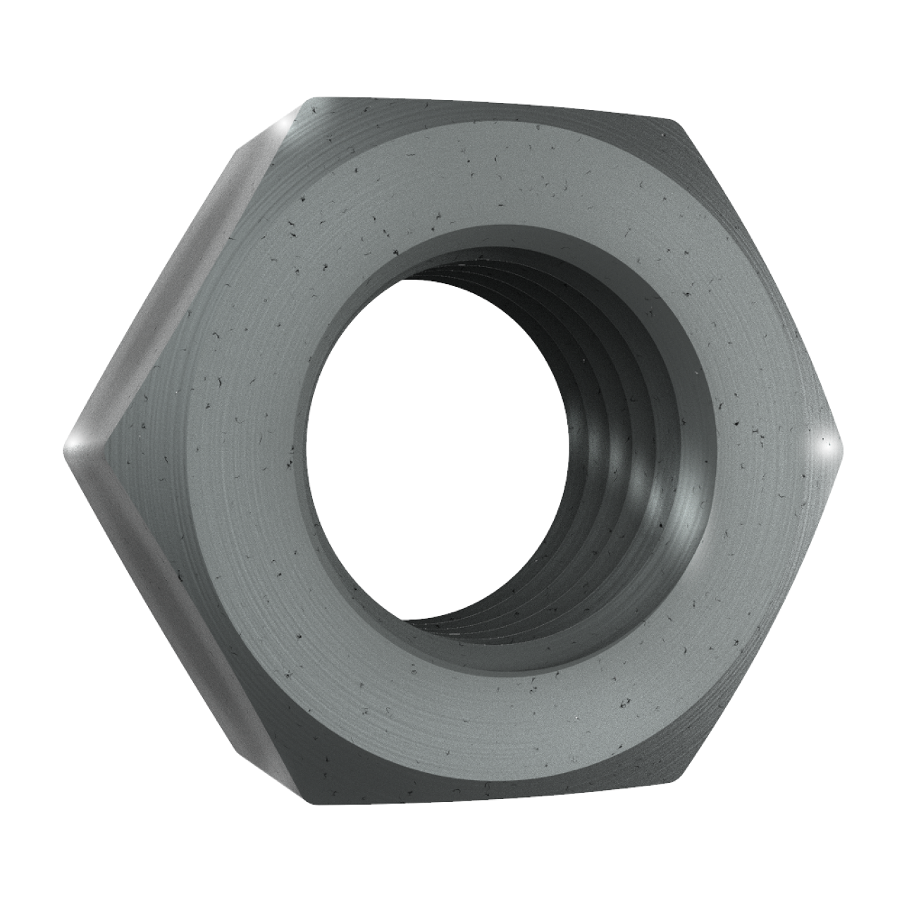 A close-up of the Go Build 3/8 in.-16 Hex Nut - Galvanized, featuring coarse threads and a threaded inner hole, displayed against a white background.